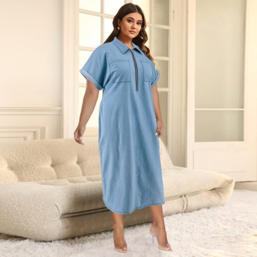 Plus Size Collared Denim Short Sleeve Zipper Midi Dress