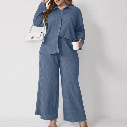 Plus Size Pleated Loose Shirt & High-Waist Trousers Spring-Autumn Two-Piece S