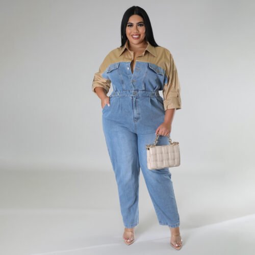 Plus Size Contrast Denim Jumpsuit – Modern Casual Chic
