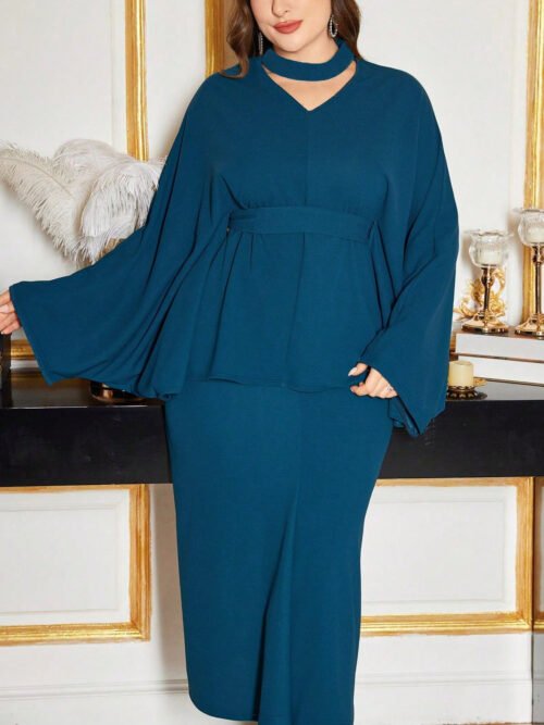 Plus Size Elegant Bat Sleeve Skirt Two-Piece Outfit