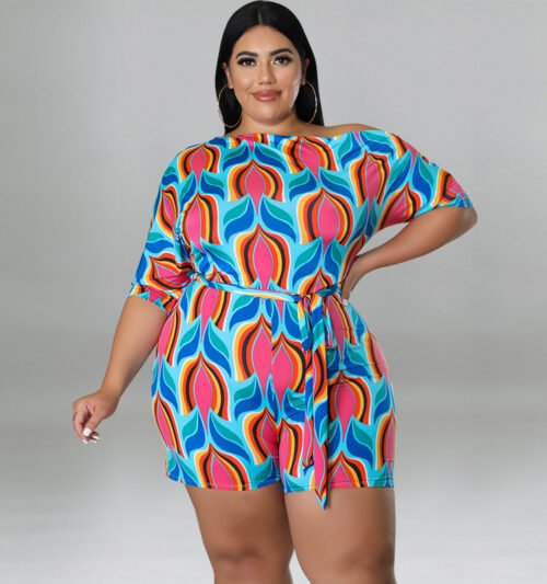 Plus Size Cross-Shoulder Printed Romper with Belt