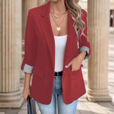 Plus Size Slim Fit Cropped Button Blazer with Roll-Up Sleeves