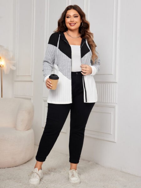 Plus Size Striped Contrast Color Casual Cardigan Coat