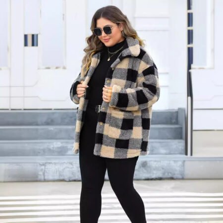 Plus Size Thickened Plaid Fleece Coat with Turn-Down Collar