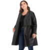 Plus Size Black Faux Leather Slim Fit Coat with Stand-Up Collar
