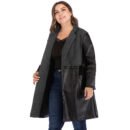 Plus Size Black Faux Leather Slim Fit Coat with Stand-Up Collar