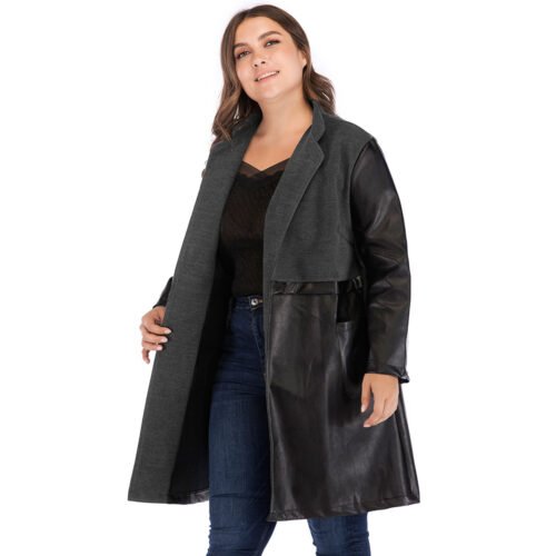Plus Size Black Faux Leather Slim Fit Coat with Stand-Up Collar