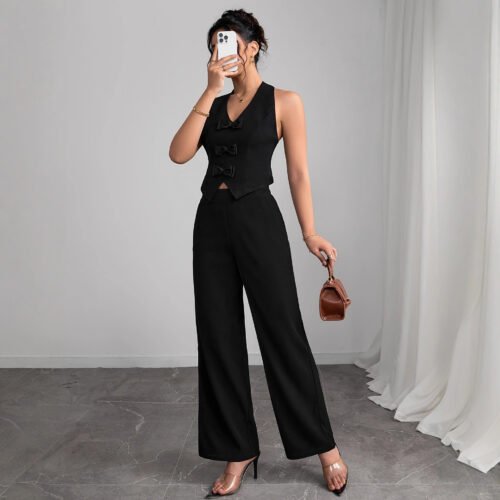 Bow Collar Vest & Trousers Two-Piece Set