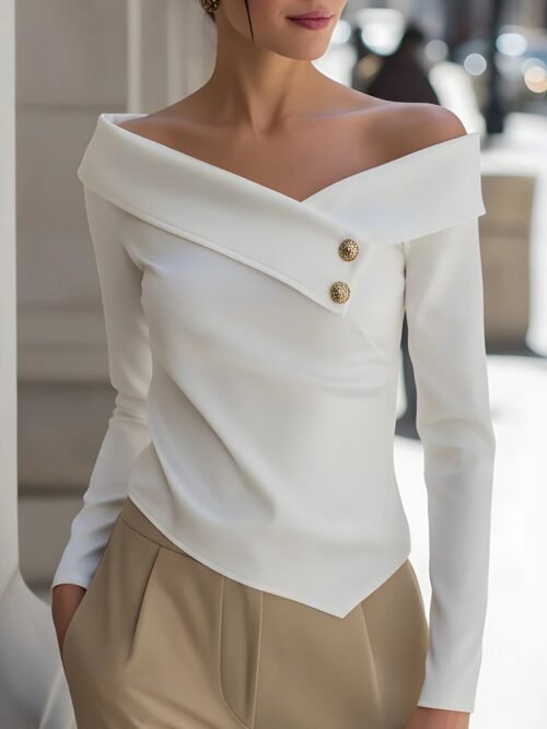 Diagonal Collar Long Sleeve Casual T-Shirt