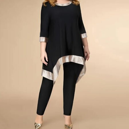 Plus Size Asymmetric Mid-Sleeve Top & Casual Pants Spring-Autumn Set