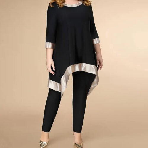 Plus Size Asymmetric Mid-Sleeve Top & Casual Pants Spring-Autumn Set