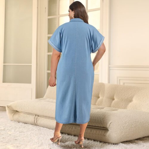 Plus Size Collared Denim Short Sleeve Zipper Midi Dress