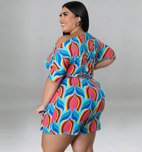 Plus Size Cross-Shoulder Printed Romper with Belt