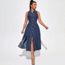 Women’s Sleeveless Nipped Waist Split Denim Dress