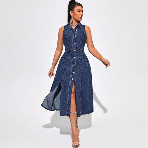 Women’s Sleeveless Nipped Waist Split Denim Dress