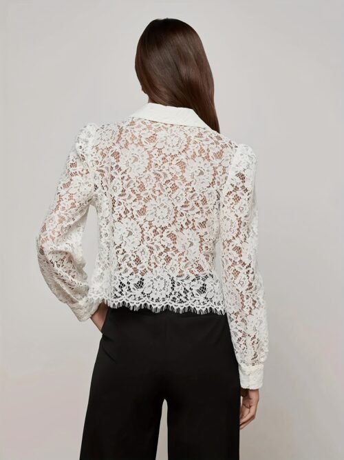 Sexy Lace Polo Collar Long Sleeve Tassel Sheer Top for Women