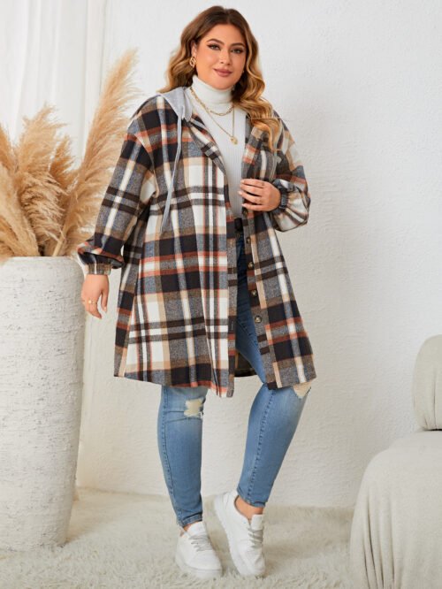 Plus Size Autumn Winter Plaid Hooded Coat
