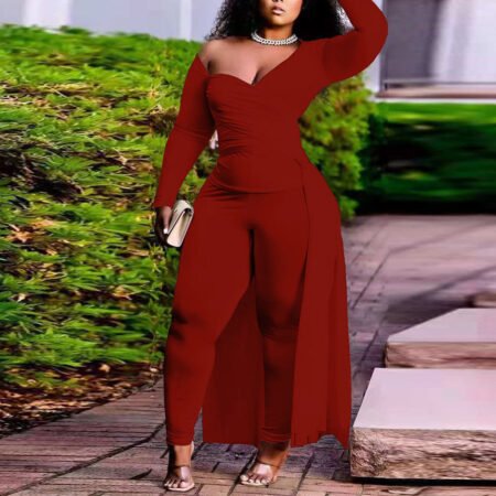 Plus Size Sexy Asymmetric Wrap-Chest Blouse & Pants Solid Color Two-Piece Set