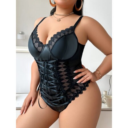 Plus Size Faux Leather Lace Jumpsuit – Sexy Nightclub Style