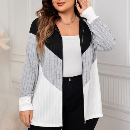 Plus Size Striped Contrast Color Casual Cardigan Coat
