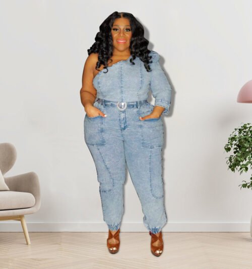 Plus Size One-Shoulder Single Sleeve Gray Fashion Two-Piece Suit
