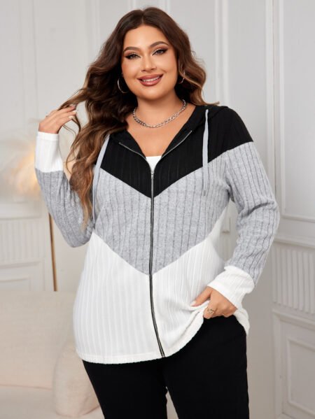 Plus Size Striped Contrast Color Casual Cardigan Coat