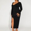 Plus Size Split V-Neck Hip Long Sleeve French Dress