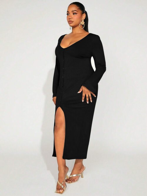 Plus Size Split V-Neck Hip Long Sleeve French Dress