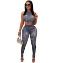 Plus Size Sexy Imitation Denim Print Two-Piece Fashion Suit