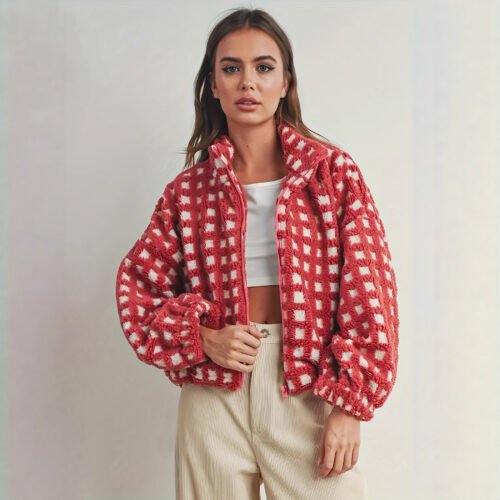 Women’s Autumn Winter Plush Red Plaid Coat