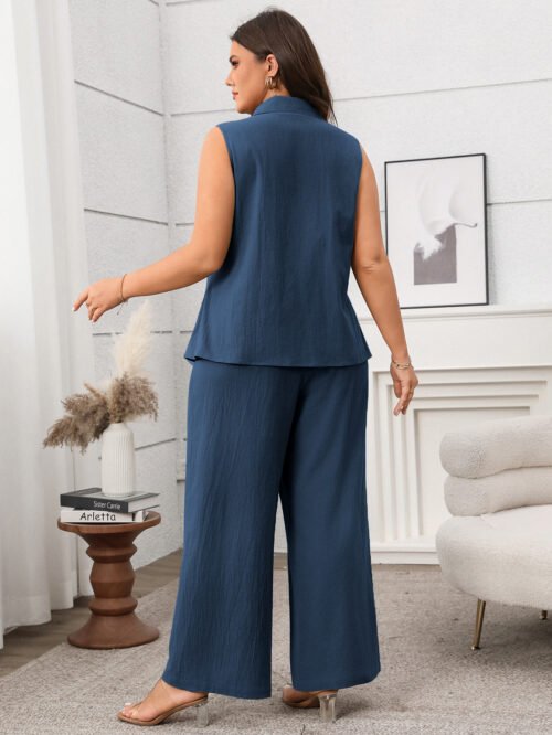 Plus Size Summer Green Sleeveless Vest & Wide-Leg Pants Casual Two-Piece Set