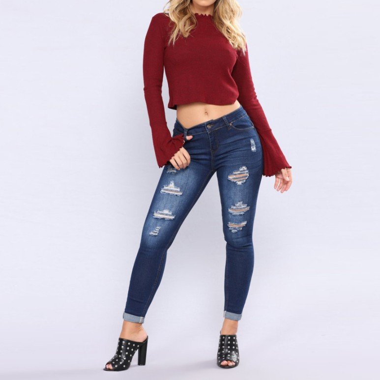 High Waist Ripped Stretch Slim Fit Jeans for Women
