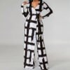 Plus Size V-Neck Printed Long Sleeve Jumpsuit – Casual Elegance