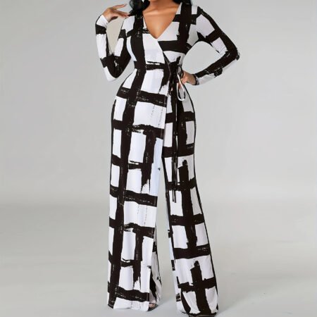 Plus Size V-Neck Printed Long Sleeve Jumpsuit – Casual Elegance