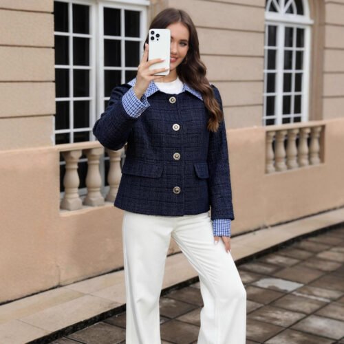 Color Contrast Check Collared Slim Short Coat