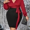 Plus Size Contrast V-Neck Slim Sheath Long Sleeve Dress