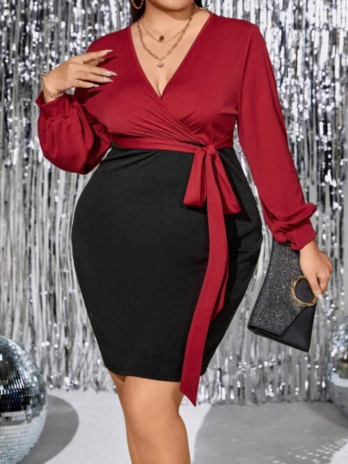 Plus Size Contrast V-Neck Slim Sheath Long Sleeve Dress