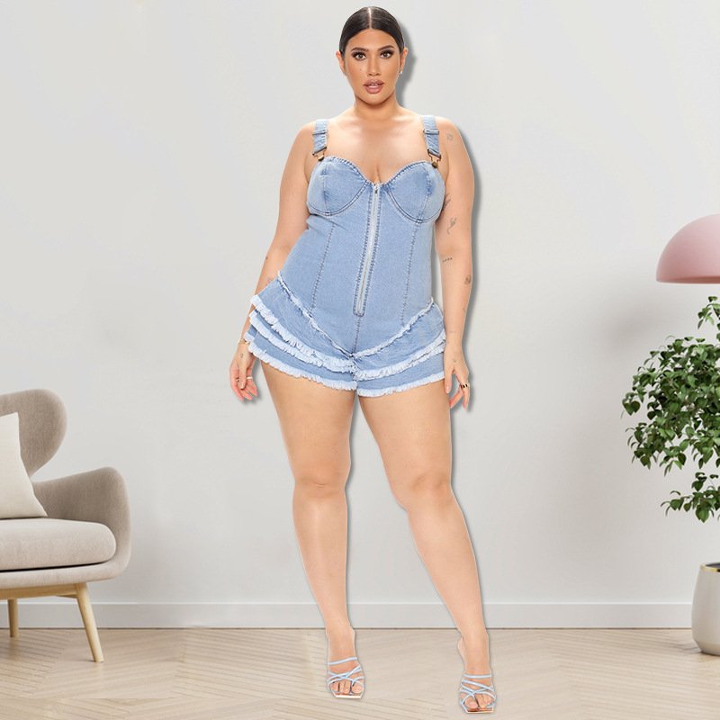 Plus Size Sexy Tube Top Denim Romper