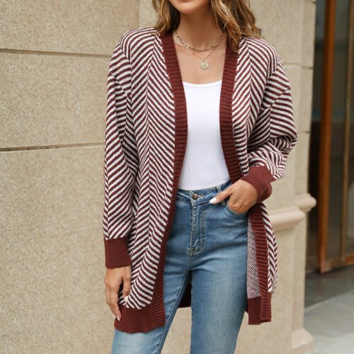 Striped Contrast Long Knit Cardigan Coat