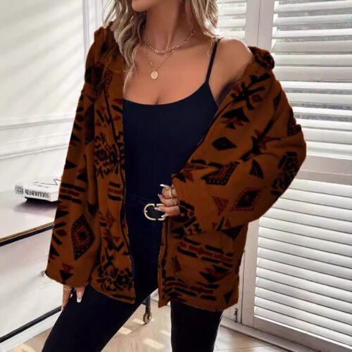 Plus Size European-Style Totem Print Plush Cardigan