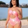 Plus Size Solid Color Drawstring One-Piece Swimsuit