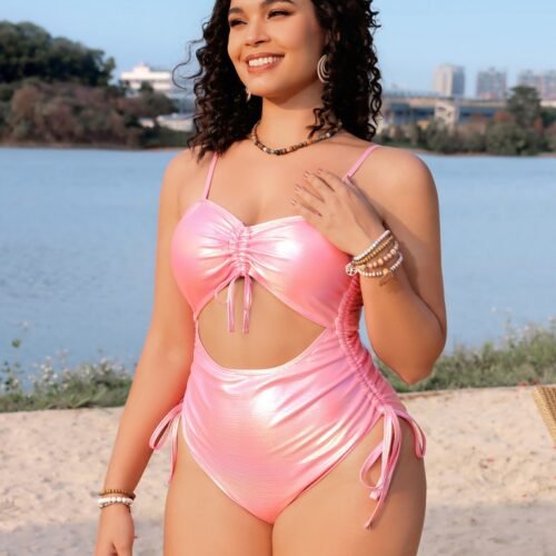 Plus Size Solid Color Drawstring One-Piece Swimsuit