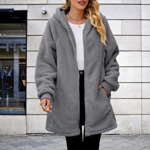Plus Size Winter Plush Hooded Zipper Jacket