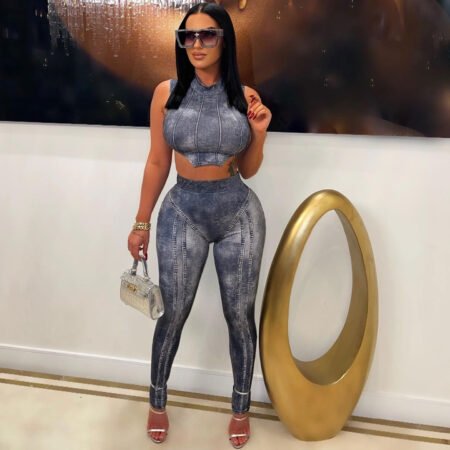 Plus Size Sexy Imitation Denim Print Two-Piece Fashion Suit