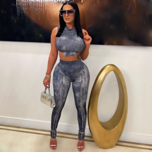 Plus Size Sexy Imitation Denim Print Two-Piece Fashion Suit