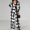 Plus Size V-Neck Printed Long Sleeve Jumpsuit – Casual Elegance