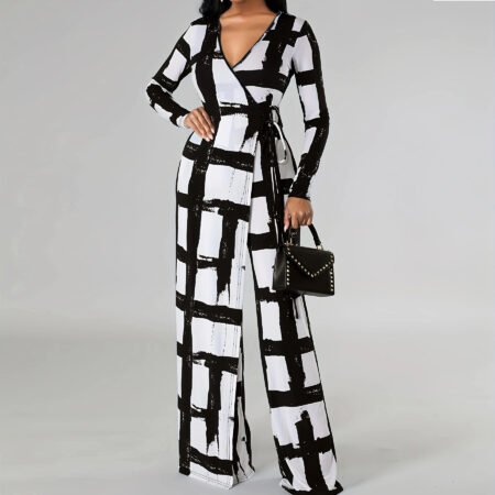 Plus Size V-Neck Printed Long Sleeve Jumpsuit – Casual Elegance