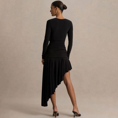 Pleated Asymmetric Slim Maxi Dress for Autumn Winter