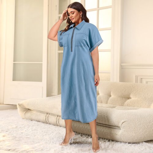 Plus Size Collared Denim Short Sleeve Zipper Midi Dress