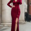 V-Neck Velvet Fishtail Maxi Dress with Side Slit